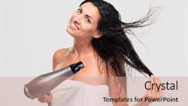 Presentation with cute - Presentation design featuring blow dryer - smiling cute woman in towel background and a  colored foreground