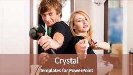  Presentation with man joined woman - Colorful slide deck enhanced with blow dryer - two hairdresser - man backdrop and a  colored foreground