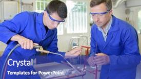  Presentation with man on train - PPT theme with blow torch - man overseeing trainee working background and a royal blue colored foreground