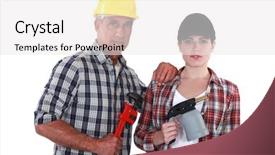  Presentation with tool belt tools - Presentation theme with blow torch - tradespeople holding tools background and a white colored foreground