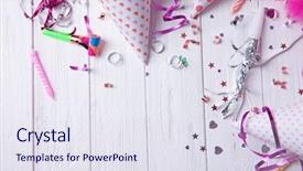  Presentation with birthday party - Slides featuring blower - birthday party caps on wooden background and a sky blue colored foreground