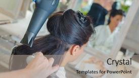  Presentation with blackwomen hair care - Colorful presentation design enhanced with blower - brunette having her hair styled backdrop and a mint green colored foreground