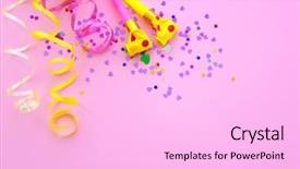  Presentation with pink birthday - Amazing PPT layouts having blowers streamers and confetti backdrop and a lavender colored foreground