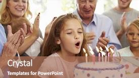  Presentation with party candles - Slide deck featuring blowing - girl blows out birthday cake background and a coral colored foreground
