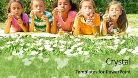  Presentation with bubble - Cool new PPT layouts with blowing bubbles - portrait of cute friends having backdrop and a yellow colored foreground