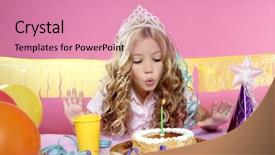  Presentation with party candles - Cool new PPT layouts with party little blond happy girl backdrop and a coral colored foreground