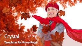  Presentation with autumn leaves - Presentation design with blowing leaf - blonde in winter clothes background and a red colored foreground