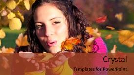  Presentation with autumn - Audience pleasing presentation theme consisting of blowing leaf - girl enjoying leisure backdrop and a tawny brown colored foreground