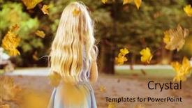 Presentation with scenery - Amazing PPT theme having blowing leaf - happy little girl in autumn backdrop and a coral colored foreground