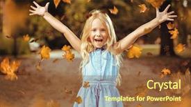  Presentation with happy young student girl holding - Audience pleasing PPT theme consisting of blowing leaf - happy little girl in autumn backdrop and a tawny brown colored foreground