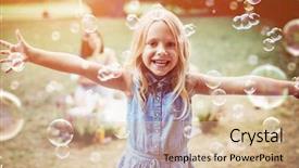  Presentation with scenery - PPT theme consisting of blowing leaf - happy little girl in autumn background and a lemonade colored foreground