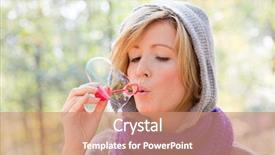  Presentation with outdoors - PPT theme with blowing leaf - playful girl making soapbubbles outdoors background and a coral colored foreground