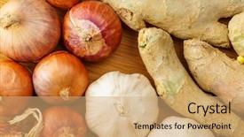  Presentation with ginger and oil - Colorful presentation design enhanced with blub - ginger garlic and allium ascalonicum backdrop and a coral colored foreground