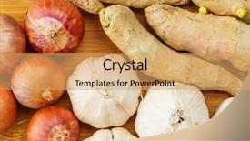  Presentation with herbal medicine garlic - PPT theme having blub - group of ginger garlic background and a coral colored foreground