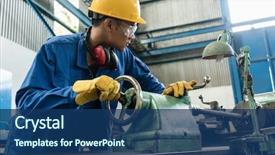  Presentation with industrial machine - Audience pleasing slides consisting of blue - asian worker checking quality behind backdrop and a ocean colored foreground