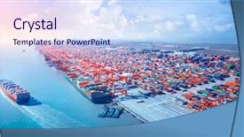  Presentation with container port - Colorful slide set enhanced with blue - container ship leaving the port backdrop and a sky blue colored foreground