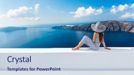  Presentation with fancy dress - Presentation design featuring blue - europe greece santorini travel vacation background and a lemonade colored foreground