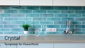  Presentation with kitchen - Colorful slide deck enhanced with blue - modern kitchen at home backdrop and a light blue colored foreground
