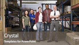  Presentation with warehouse - Audience pleasing presentation design consisting of blue - workers in warehouse backdrop and a gray colored foreground