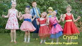  Presentation with dancing - Colorful PPT theme enhanced with blue 7 yellow - five smiling little girls dressed backdrop and a  colored foreground