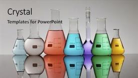  Presentation with flasks - Slides with blue 7 yellow - group of seven flasks containing background and a light gray colored foreground