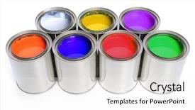  Presentation with painting walls paint roller - Theme consisting of blue 7 yellow - seven open cans of paint background and a white colored foreground