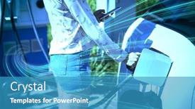  Presentation with mobile charging - PPT theme having blue-abstract-design-against-woman background and a teal colored foreground