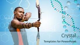  Presentation with dna - Presentation design with digital composite of archer man with blue and white dna chain blue background background and a light blue colored foreground