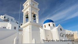  Presentation with church blue - Beautiful presentation featuring blue and white orthodox church bell tower firostefani santorini greece copyspace backdrop and a soft green colored foreground
