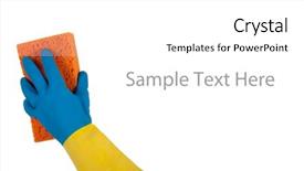  Presentation with blue orange white - Cool new presentation theme with blue and yellow rubber gloved hand holding an orange sponge on a white background with copy space backdrop and a white colored foreground