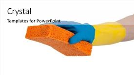  Presentation with blue orange white - Theme featuring blue and yellow rubber gloved hand holding an orange sponge on a white background with copy space background and a white colored foreground