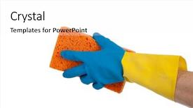  Presentation with blue orange white - PPT theme with blue and yellow rubber gloved hand holding an orange sponge on a white background with copy space background and a white colored foreground