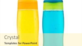  Presentation with shampoo - Presentation design consisting of blue and yellow transparent shampoo isolated on white background background and a yellow colored foreground