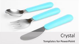  Presentation with cutlery - Slide set having blue baby cutlery isolated on white background and a light gray colored foreground