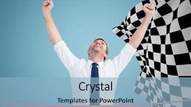  Presentation with business finish line - PPT theme with blue background and checkered flag background and a light blue colored foreground