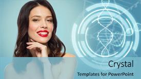  Presentation with young happy people smiling - Audience pleasing slides consisting of blue background and dna backdrop and a light blue colored foreground