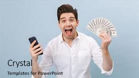  Presentation with mobile money - Cool new slide deck with blue background showing money backdrop and a light blue colored foreground