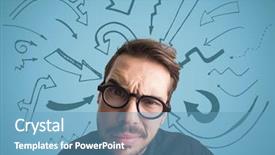  Presentation with elegant man in glasses optics - Amazing presentation design having blue background with arrow backdrop and a teal colored foreground