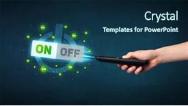  Presentation with signal - Audience pleasing presentation theme consisting of blue black line bubble - hand holding a remote control backdrop and a  colored foreground