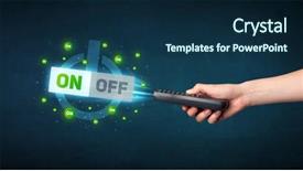  Presentation with control - Colorful slide deck enhanced with blue black line bubble - hand holding a remote control backdrop and a  colored foreground