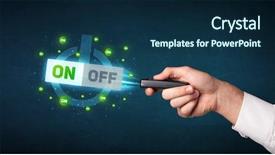  Presentation with signal - Slide deck enhanced with blue black line bubble - hand holding a remote control background and a  colored foreground