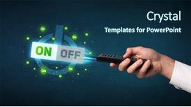  Presentation with signal - Slide deck with blue black line bubble - hand holding a remote control background and a  colored foreground