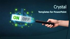  Presentation with remote - Theme having blue black line bubble - hand holding a remote control background and a  colored foreground