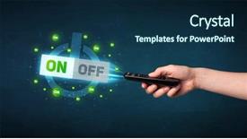  Presentation with control - Audience pleasing PPT theme consisting of blue black line bubble - hand holding a remote control backdrop and a  colored foreground