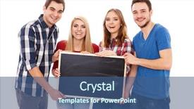  Presentation with happy young student girl holding - Audience pleasing presentation design consisting of blue blank - group of happy young people backdrop and a ocean colored foreground