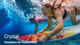  Presentation with ocean wave - Cool new slide deck with blue bottom line - two young surfers man backdrop and a ocean colored foreground