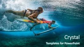  Presentation with ocean wave - Presentation design with blue bottom line - two young surfers man background and a ocean colored foreground