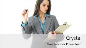  Presentation with raffle lucky draw - PPT theme featuring check presentation - young attractive businesswoman draw background and a light gray colored foreground