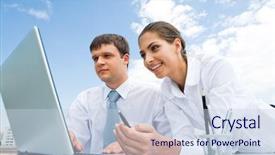  Presentation with covid19 and healthcare workers - Slides having blue business women - two successful co-workers sitting background and a  colored foreground