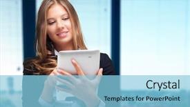 Presentation with business women - Presentation theme enhanced with blue business women - young woman using a tablet background and a light blue colored foreground